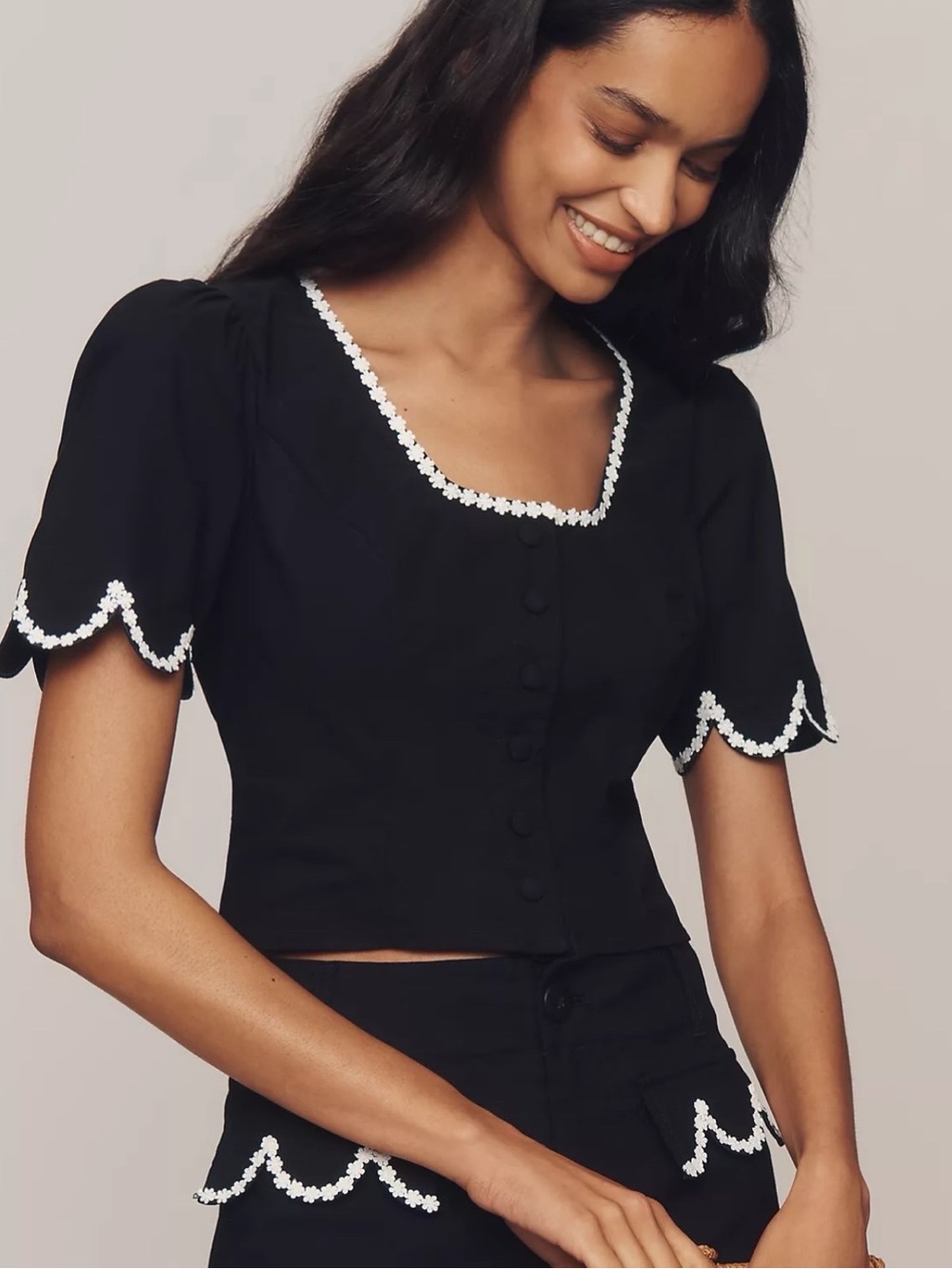 Maeve Scoop-Neck Lace-Trim Blouse